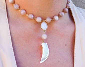 Moonstone Gemstone Necklace-Mother Of Pearl Pendant-Crystal Choker Necklace-Boho Statement Necklace-Gold Filled Necklace-Bridal Shower Gift