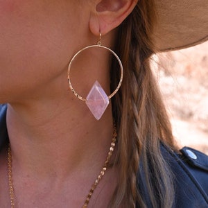 Rose Quartz Gold Hoop Earrings - Crystal Earrings - Birthstone Jewelry - Bridesmaid Earrings - Wedding Earrings-Gemstone Statement Earrings