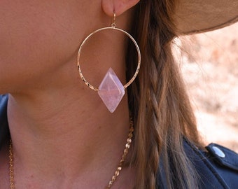 Rose Quartz Gold Hoop Earrings - Crystal Earrings - Birthstone Jewelry - Bridesmaid Earrings - Wedding Earrings-Gemstone Statement Earrings