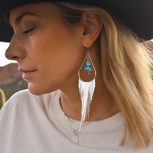Turquoise Crystal Statement Silver Fringe Earrings - Dangle Earrings - Bridal Earrings-Wedding Earrings-Unique Earrings-Boho Earrings