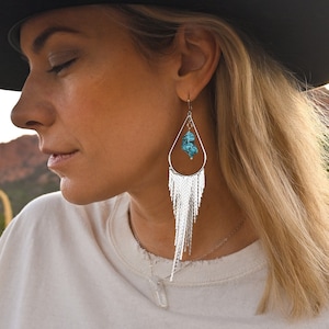Boucles d'oreilles tendance à franges en argent turquoise - Boucles d'oreilles longues bohèmes