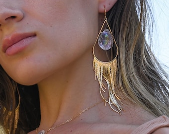 Aura Quartz Gold Fringe Earrings – Boho Crystal Dangle Earrings, Bridal Statement Jewelry