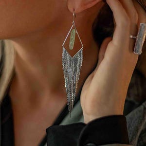 Green Kyanite Silver Tassel Earrings – Boho Fringe Jewelry for Weddings & Gifts