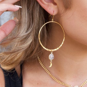 Moonstone Crystal Gold Hoop Earrings - Crescent Moon Charms - Birthstone Jewelry - Rainbow Moonstone Pendants - Celestial Bridal Earrings