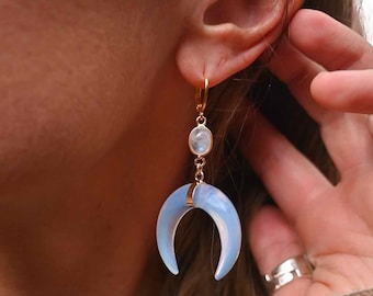 Opalite Horn Moonstone Crystal Dangle Earrings - Gold Huggie Earrings - Bridal Statement Earrings - Earrings Dangle Boho - Handmade Earrings