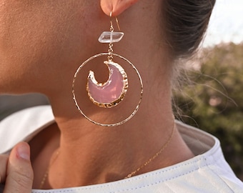 Chalcedony Gemstone Moon Earrings - Gold Hoop Earrings - Crystal Statement Earrings - Boho Celestial Earrings - Gift For Girlfriend