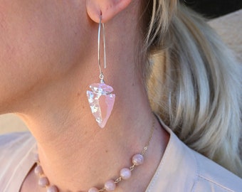 Aura Rose Quartz Arrowhead Earrings - Sterling Silver Earrings - Statement Earrings - Unique Bridal Earrings - Cool Earrings-Boho Jewelry -