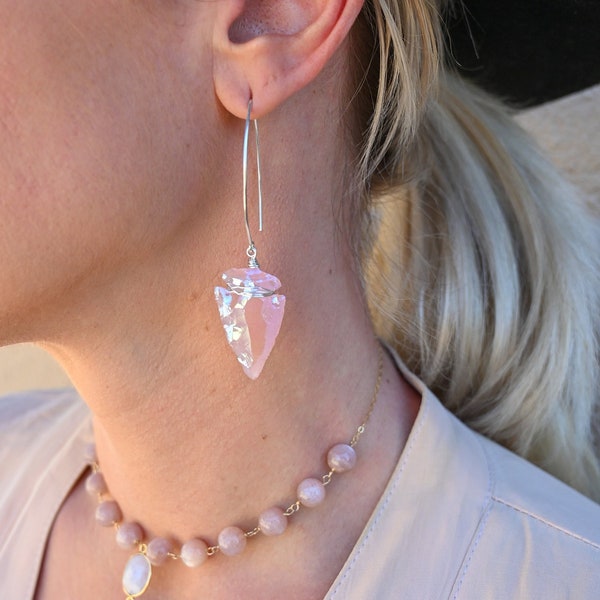 Aura Rose Quartz Arrowhead Earrings - Sterling Silver Earrings - Statement Earrings - Unique Bridal Earrings - Cool Earrings-Boho Jewelry -