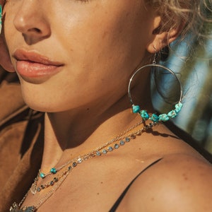 Turquoise Gemstone Earrings - Silver Hoop Earrings - Southwestern Jewelry - Boho Bridal Earrings - Raw Gemstone Earrings - Bohemian Earrings