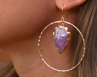 Amethyst Arrowhead Pendant Earrings - Gold Hoop Earrings - Birthstone Crystal Earrings - Handmade Jewelry - Boho Earrings - Bridesmaid Gift