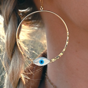 Evil Eye Gold Hoop Earrings - Boho Mother of Pearl Hoops - Evil Eye Charm-Evil Eye Jewelry-Protection Jewelry For Women-Sister In Law Gift