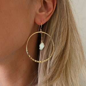 Opal Gold Hoop Earrings Raw Opal Pendant Gold Chain Earrings Hammered Hoop Earrings Cute Earrings Bridal Earrings-Wedding Earrings image 2