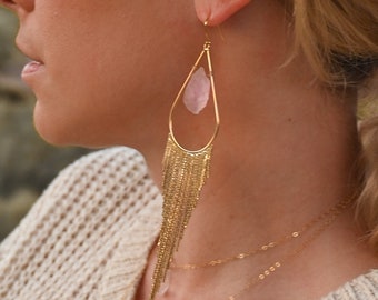 Rose Quartz Gold Fringe Dangle Earrings - Crystal Earrings - Statement Earrings - Boho Earrings - Unique Gemstone Earrings - Bridal Earrings