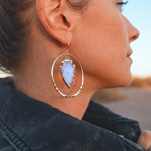 Opalite Gold Hoop Earrings - Boho Arrowhead Dangle Earrings - Blue Earrings - Bridal Earrings - Mother Of The Bride - Bride Earrings