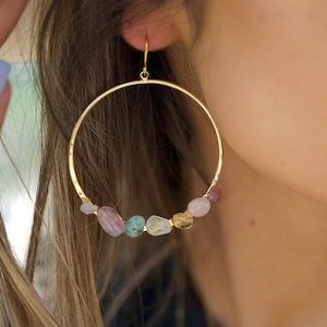 Raw Crystal Earrings - Gold Hoop Earrings - Gemstone Hoop Earrings - Wire Wrapped Jewelry - Colorful Earrings - Chakra Stones - Sister Gift