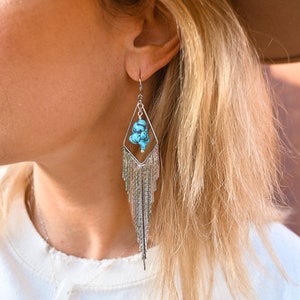 Turquoise Gemstone Silver Dangle Earrings Boho Tassel Earrings Statement Earrings Bridal Earrings Handmade Earrings For Women image 6