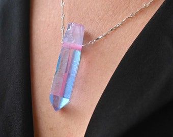 Aura Quartz Crystal Necklace - Sterling Silver Necklace - Gemstone Pendant Necklace - Boho Necklace - Unique Womens Necklace-Crystal Jewelry