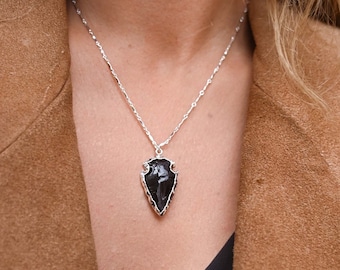 Obsidian Gemstone Necklace - Sterling Silver Chain - Arrowhead Pendant - Boho Jewelry For Women - Silver Pendant Necklace - Jewelry Gift