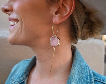 Rose Quartz Gold Hoop Earrings - Statement Earrings - Unique Bridal Earrings - Cool Earrings- Boho Jewelry - Crystal Earrings-Boho Earrings