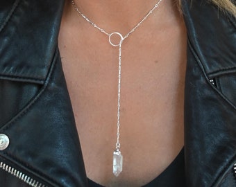 Collier Lariat avec pierres précieuses en quartz - Bijoux en argent sterling - Collier avec pendentif en cristal-Bijoux bohèmes pour femme-Bijoux-cadeau-Collier