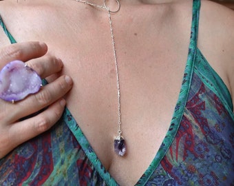 Amethyst Gemstone Lariat Necklace – Sterling Silver Bar Chain
