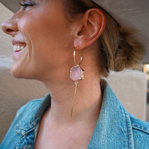 Rose Quartz Gold Hoop Earrings - Statement Earrings - Unique Bridal Earrings - Cool Earrings- Boho Jewelry - Crystal Earrings-Boho Earrings