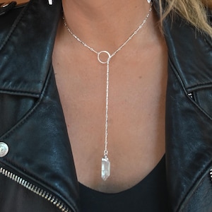 Quartz Gemstone Lariat Necklace - Sterling Silver Jewelry - Crystal Pendant Necklace-Boho Jewelry For Women-Jewelry Gift-Statement Necklace