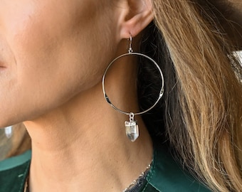 Silver Hoop Earrings - Clear Quartz Pendant – Handmade Boho Jewelry
