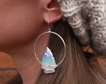 Aura Opalite Arrowhead Silver Hoop Earrings - Statement Earrings - Boho Earrings - Bride Earrings - Bold Earrings - Handmade Earrings