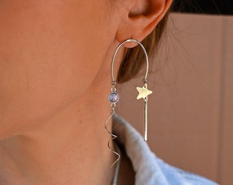Aquamarine Silver Dangle Earrings -  Boho Earrings - Bridal Earrings - Handmade Earrings For Women - Birthstone Jewelry - Star Earrings