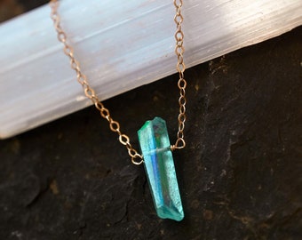 Blue Aura Quartz Crystal Necklace - Gold Filled Necklace - Crystal Pendant - Crystal Necklace For Women - Gift For Wife - Handmade Jewelry