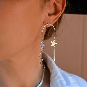 Aquamarine Silver Dangle Earrings Boho Earrings Bridal Earrings Handmade Earrings For Women Birthstone Jewelry Star Earrings image 1