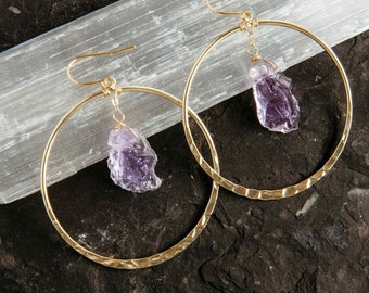Raw Amethyst Crystal Gold Hoop Earrings - Handmade Gifts For Her - Birthstone Jewelry - Amethyst Pendant-Mother In Law Gift-Gift For Sister