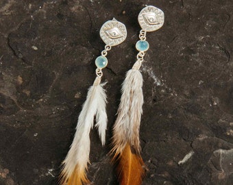 Feather Earrings - Sterling Silver Aquamarine Crystal Earrings - Boho Bridal Earrings - Wedding Earrings-Unique Earrings-Statement Earrings