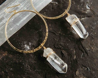Clear Quartz Crystal Gold Hoop Earrings – Boho Jewelry