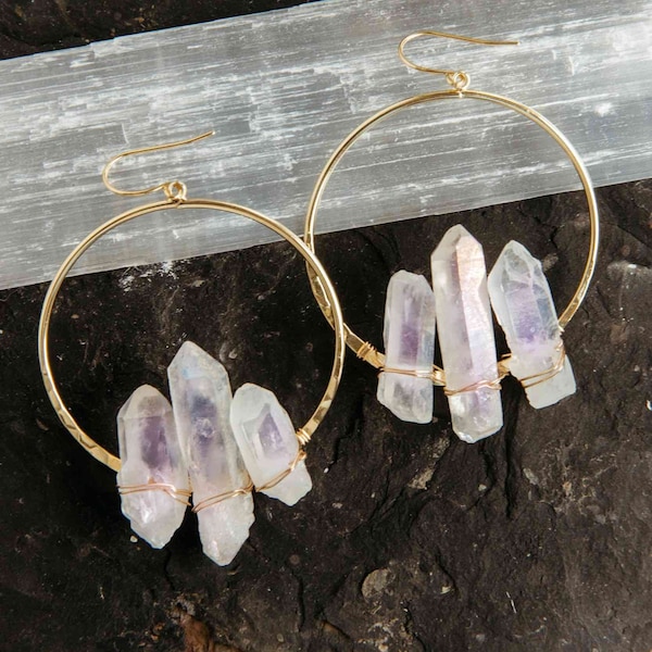 Angel Aura Quartz Crystal Hoop Earrings-Boho Earrings - Gemstone Healing Crystal Hoops-Crystal Bridal Earrings-Hoop Crystal Earrings