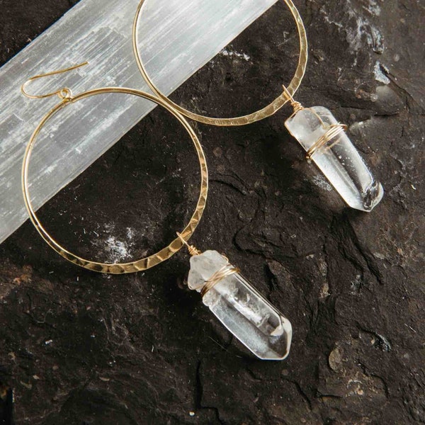 Clear Quartz Crystal Gold Hoop Earrings – Boho Jewelry