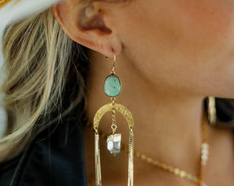 Chrysoprase and Quartz Gemstone Earrings - Handmade Boho Jewelry for Women