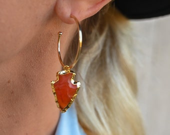 Carnelian Arrowhead Earrings - Small Gold Hoop Earrings-Handmade Boho Earrings-Fun Earrings-Wedding Earrings-Unique Earrings-Gift For Sister