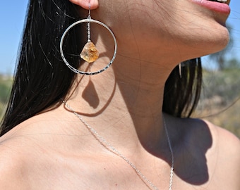 Citrine Crystal Silver Hoop Earrings Sterling Silver Necklace Set - Natural Citrine - Boho Earrings - Bridal Jewelry - Birthstone Jewelry