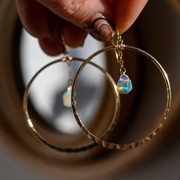 Opal Gold Hoop Earrings - Raw Opal Pendant - Gold Chain Earrings - Hammered Hoop Earrings - Cute Earrings - Bridal Earrings-Wedding Earrings