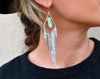 Green Kyanite Silver Dangle Earrings - Boho Tassel Earrings - Unique Earrings-Bridesmaid Gifts-Mother Of The Bride Gift-Wedding Earrings