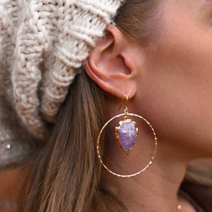 Amethyst Arrowhead Gold Hoop Earrings – Handmade Boho Jewelry