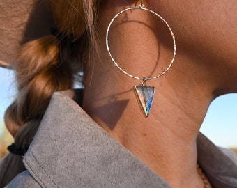 Labradorite Gemstone Gold Hoop Earrings – Handmade Geometric Triangle Pendant
