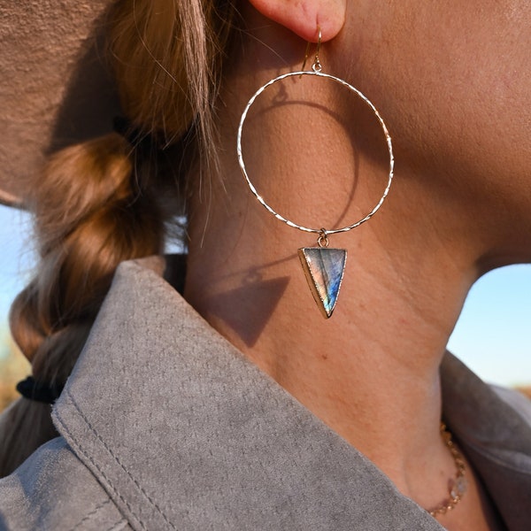 Labradorite Gold Hoop Earrings - Gemstone Pendant Statement Earrings - Geometric Earrings-Boho Earrings For Women-Unique Earrings For Women