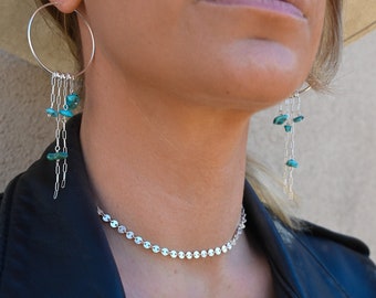 Turquoise Gemstone Silver Chain Drop Earrings - Small Sterling Silver Hoops - Bridal Earrings - Aesthetic Earrings-Trendy Statement Earrings
