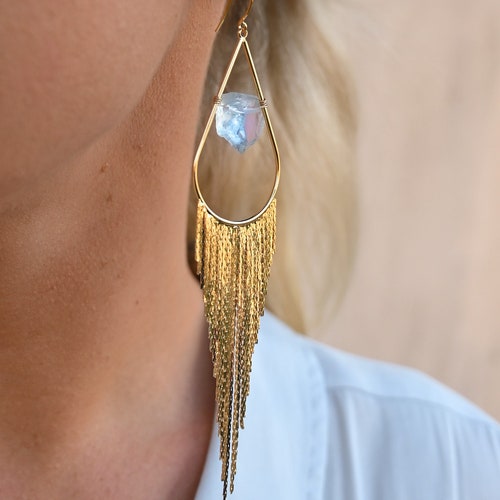 Crystal Gold Fringe Dangle Earrings Handmade Jewelry Bride Etsy