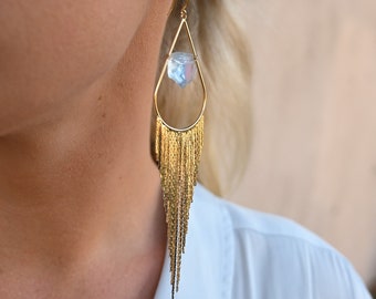 Aquamarine Crystal Gold Fringe Dangle Earrings - Handmade Jewelry - Bride to Be Earrings - Statement Earrings-Boho Earrings-Unique Earrings