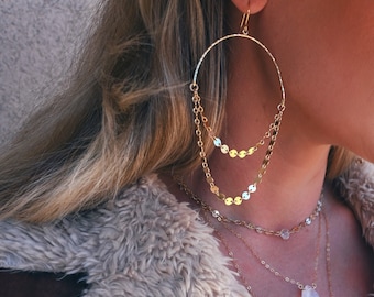 Gold Hammered Hoop Earrings with Coin Chain – Lightweight Statement Jewelry