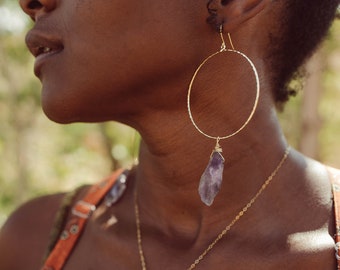 Amethyst Crystal Gold Earrings - Dangle Hoop Earrings - Hammered Hoop Earrings Gold - Womens Gold Hoop Earrings - Thin Gold Hoop Earrings